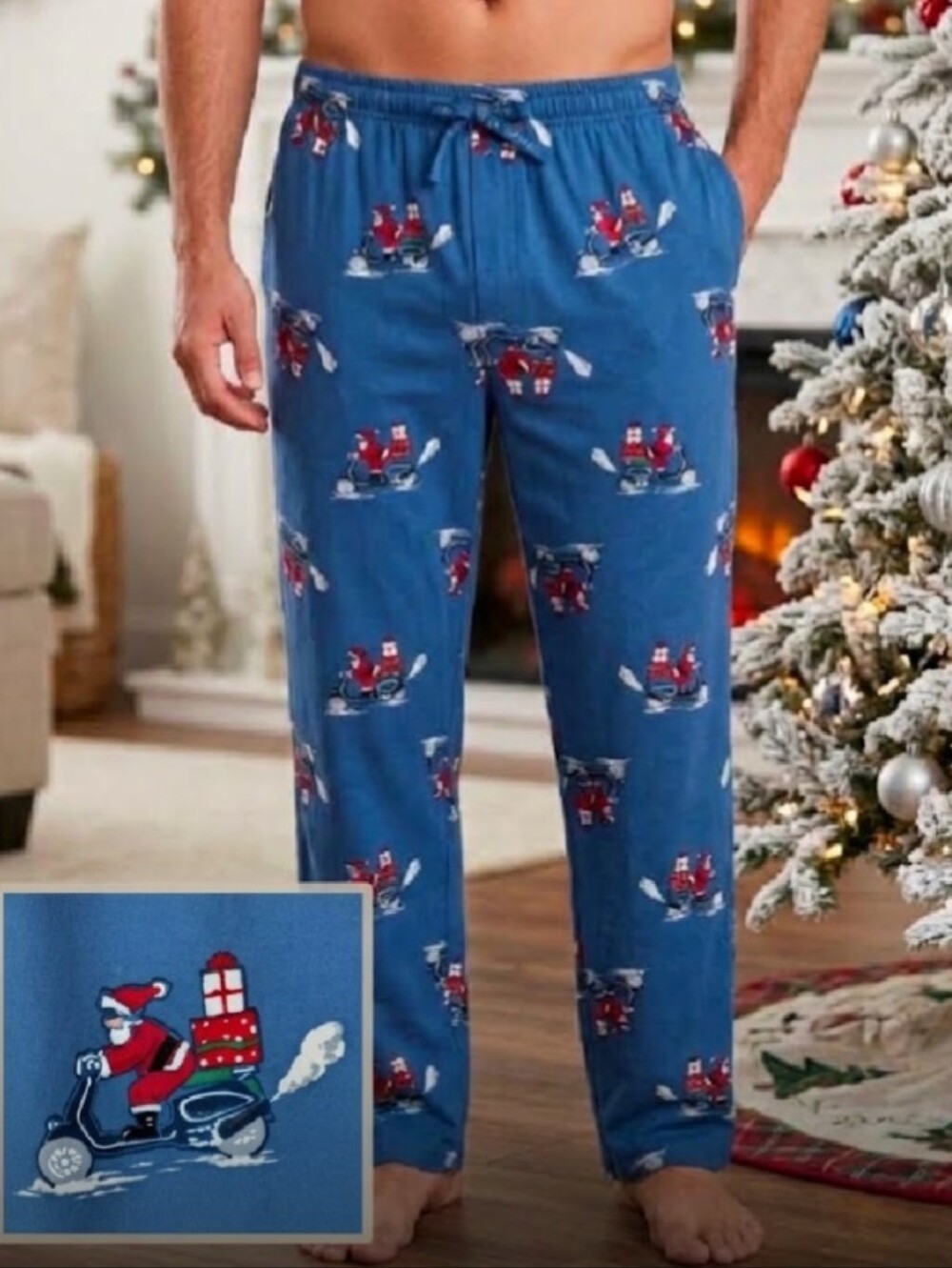 Perry Ellis Portfolio Blue Santa-Print Lounge/Sleep Pants